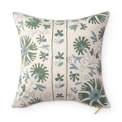 Sage Ribbon Suzani Pillow by St. Frank | Blue | 20" W x 20" H | Linen