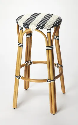Tobias White/Navy Stripe/ Natural Rattan Frame Bar Stool