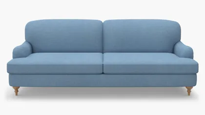 English Roll Arm Sofa, French Blue Everyday Linen, Natural Turned Wood Leg