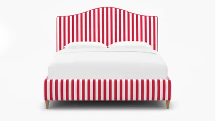 Camelback Bed, Red Cabana Stripe, Natural Decorative Tapered Leg, Queen