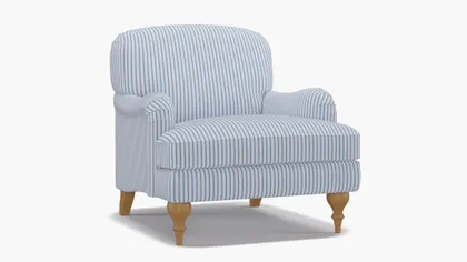 English Roll Arm Chair, Cornflower Classic Ticking Stripe, Natural Turned Wood Leg