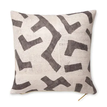 Ecru Figures Kuba Cloth Pillow by St. Frank | Grey | 22" W x 22" H | Sheepskin/Linen