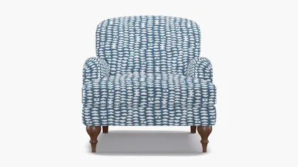English Roll Arm Chair, Dusty Blue Odalisque, Walnut Turned Wood Leg
