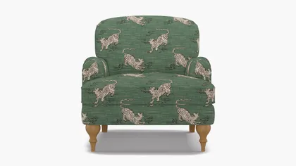 English Roll Arm Chair, Emerald Tigresse, Natural Turned Wood Leg