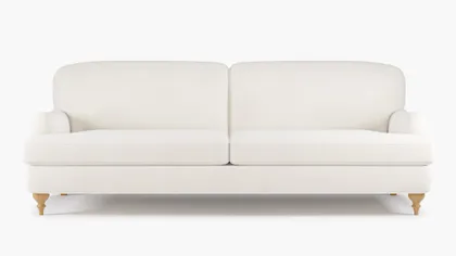English Roll Arm Sofa, White Performance Velvet, Natural Turned Wood Leg