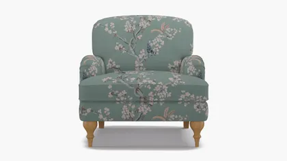 English Roll Arm Chair, Mint Cherry Blossom, Natural Turned Wood Leg