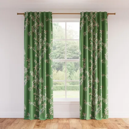 Printed Linen Curtain, Jade Cherry Blossom, 50" x 96", Privacy
