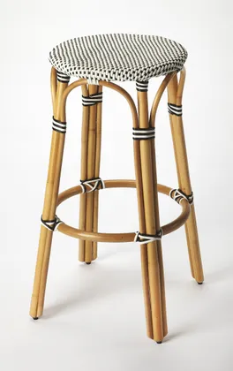 Tobias White/Black Dot/ Natural Rattan Frame Bar Stool