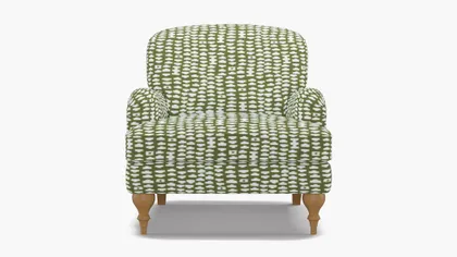 English Roll Arm Chair, Olive Odalisque, Natural Turned Wood Leg
