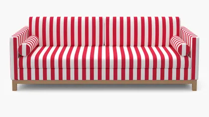 Tailored Tuxedo Sofa, Red Cabana Stripe, Natural Wood Rail