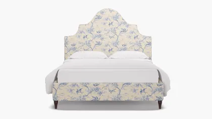 Statement Bed, Blue Swallows, Espresso Decorative Tapered Leg, Queen