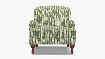 English Roll Arm Chair, Olive Odalisque, Walnut Turned Wood Leg
