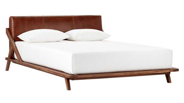 Drommen acacia bed with leather headboard - queen - CB2
