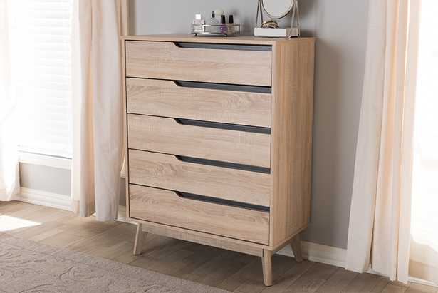 Fella Mid-Century Modern Two-Tone Oak and Grey Wood 5-Drawer Chest - AVAILABLE FEB 2022 - Lark Interiors