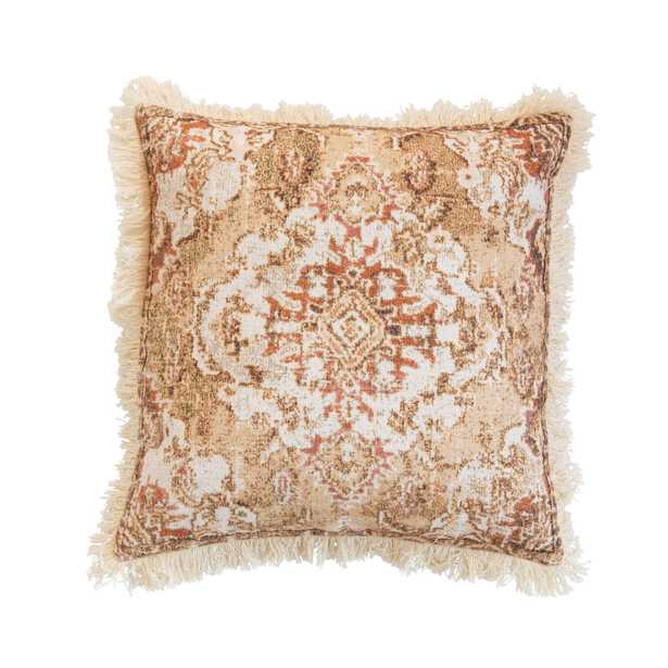 Distressed Cotton Printed Pillow with Fringe, Multi Color - Moss & Wilder