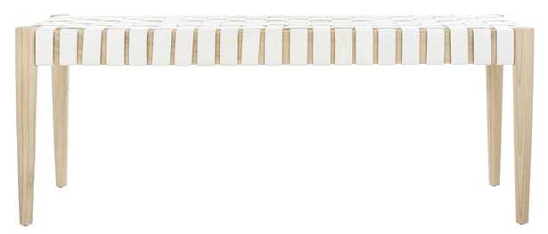 Amalia Leather Weave Bench, White & Natural - Arlo Home