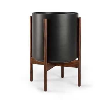 Modern Ceramic Planters with Wooden Stand, Black - Medium - Pottery Barn