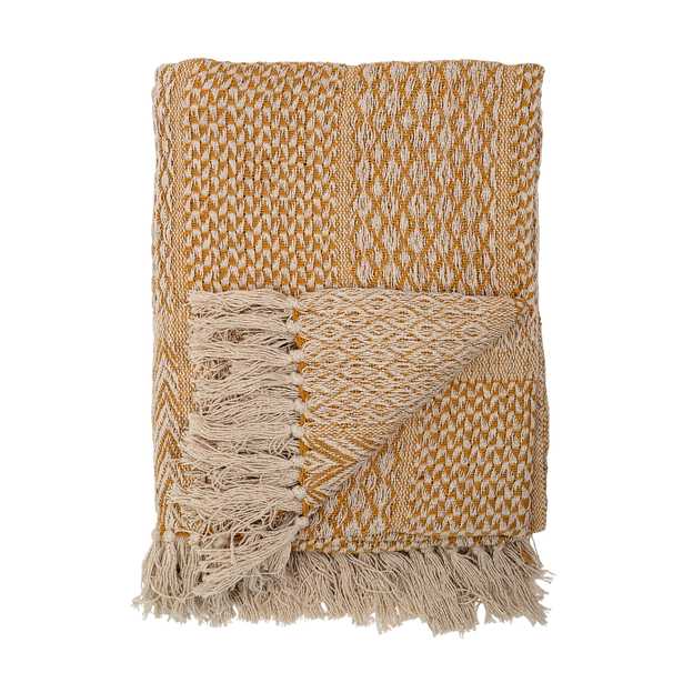 Cotton Blend Knit Throw with Fringe, Yellow - Moss & Wilder