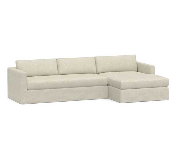 Carmel Square Slim Arm Slipcovered Left Arm Sofa with Double Chaise Sectional and Bench Cushion, Down Blend Wrapped Cushions, Performance Heathered Basketweave Alabaster White - Pottery Barn