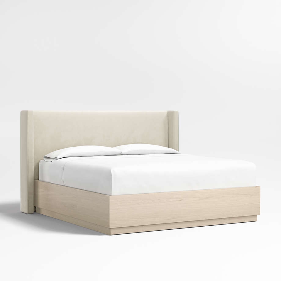 Arden 52" Beige Upholstered King Headboard with Batten White Oak Storage Bed Base - Image 0