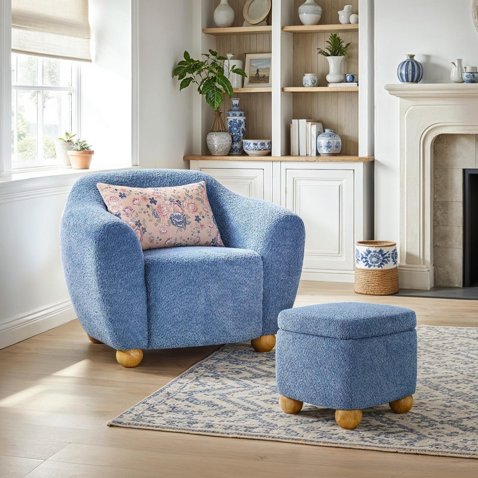 Linley Contemporary Bouclé Upholstered Accent Chair with Ottoman Set - Image 0