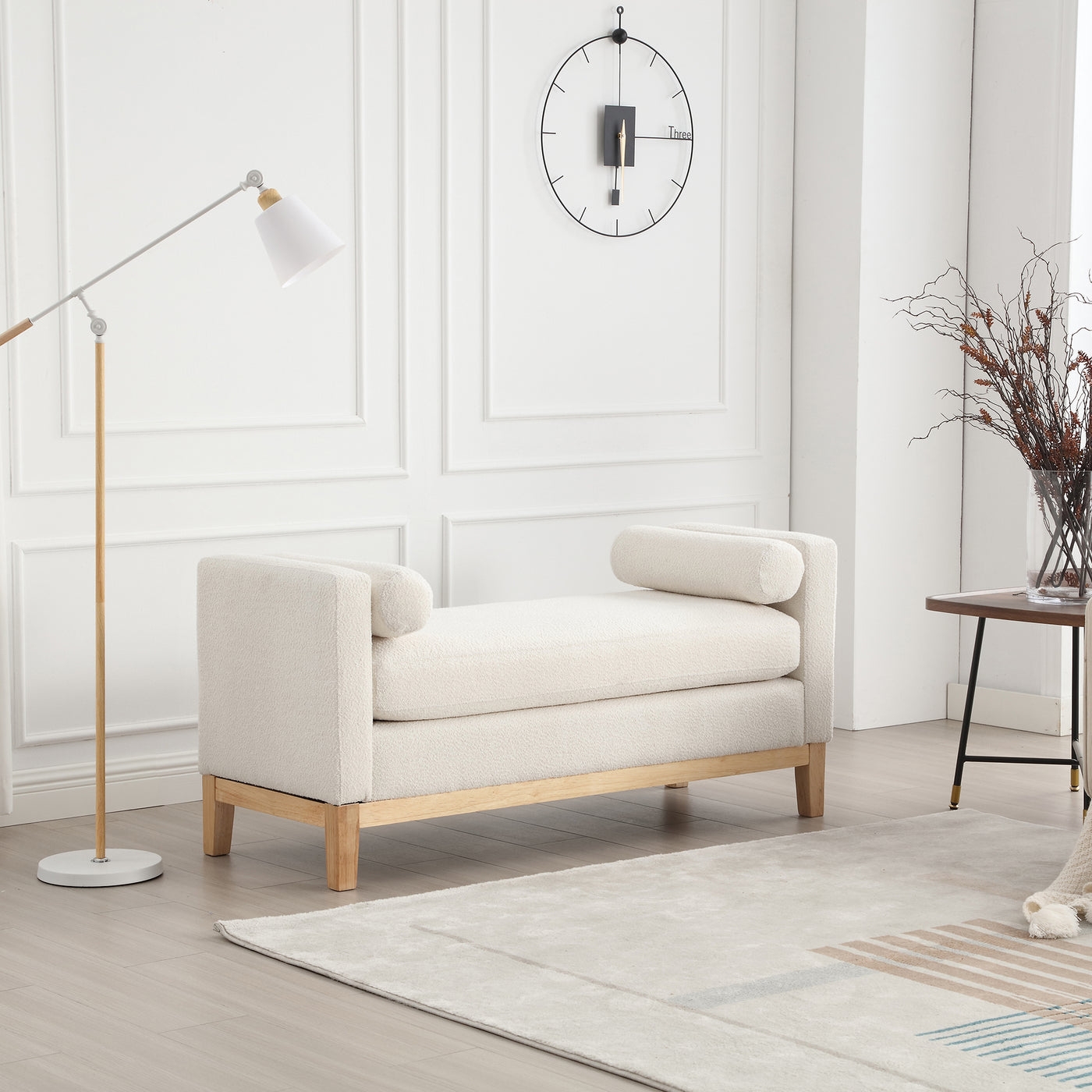 Contour & Co. | Elegant & Modern Boucle Upholstered Bench w Pillows - Image 1