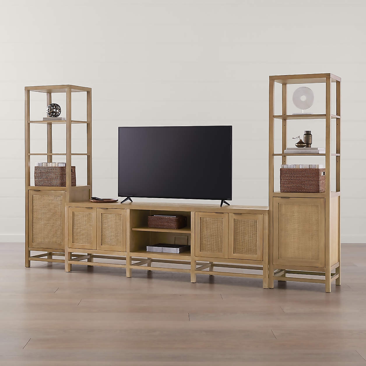 Blake 85" Light Brown Teak and Rattan Storage Media Console with 2 Tall Cabinets - Image 1
