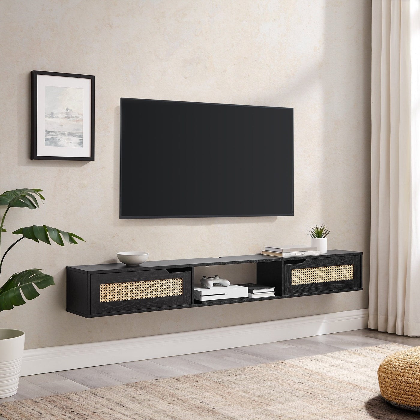 70" Floating TV Stand with Rattan Doors - Black - Image 1