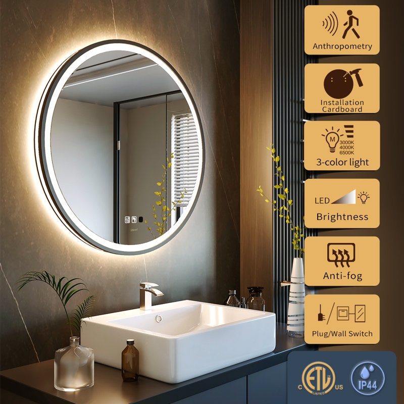 Balig Round Black Illuminated Dimmable LED Anti Fog Mirror Bathroom Vanity Mirror with Motion Sensing - Image 3