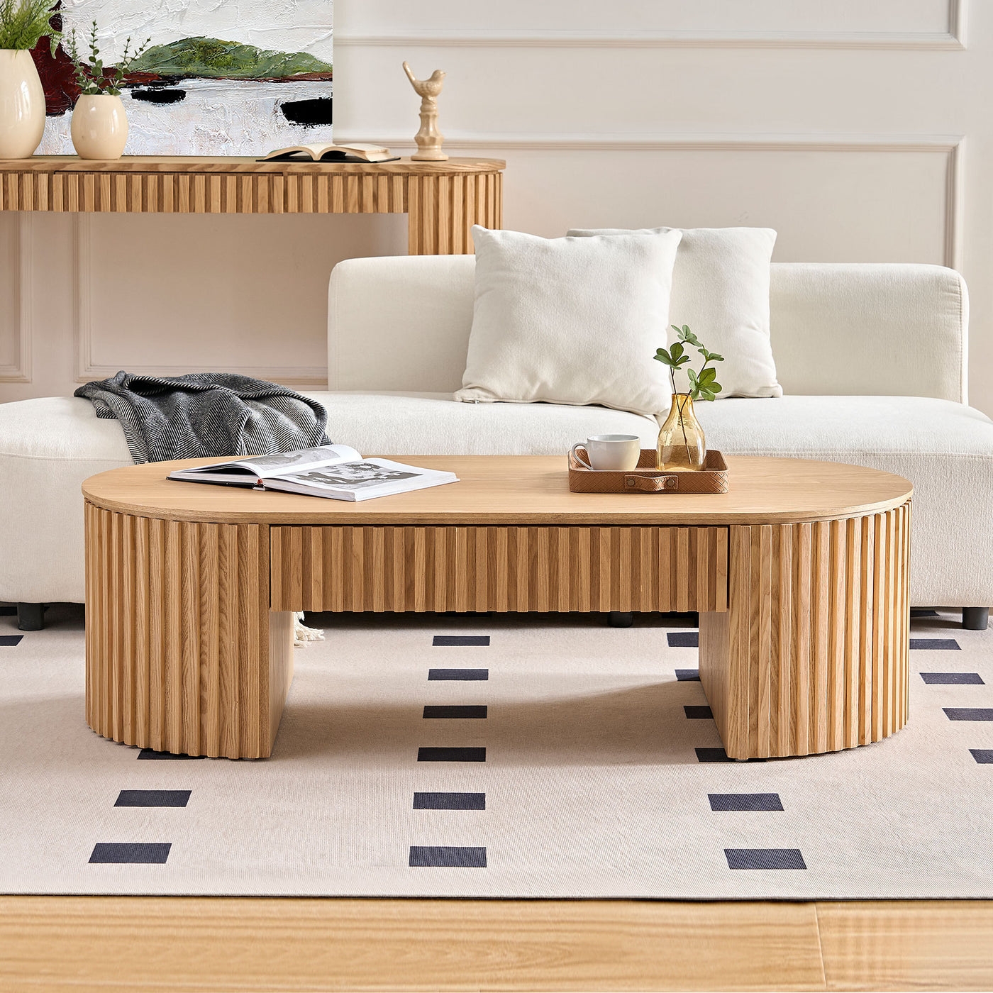 Contour & Co. | Reeded Oval Wood Coffee Table With Drawer - Image 2
