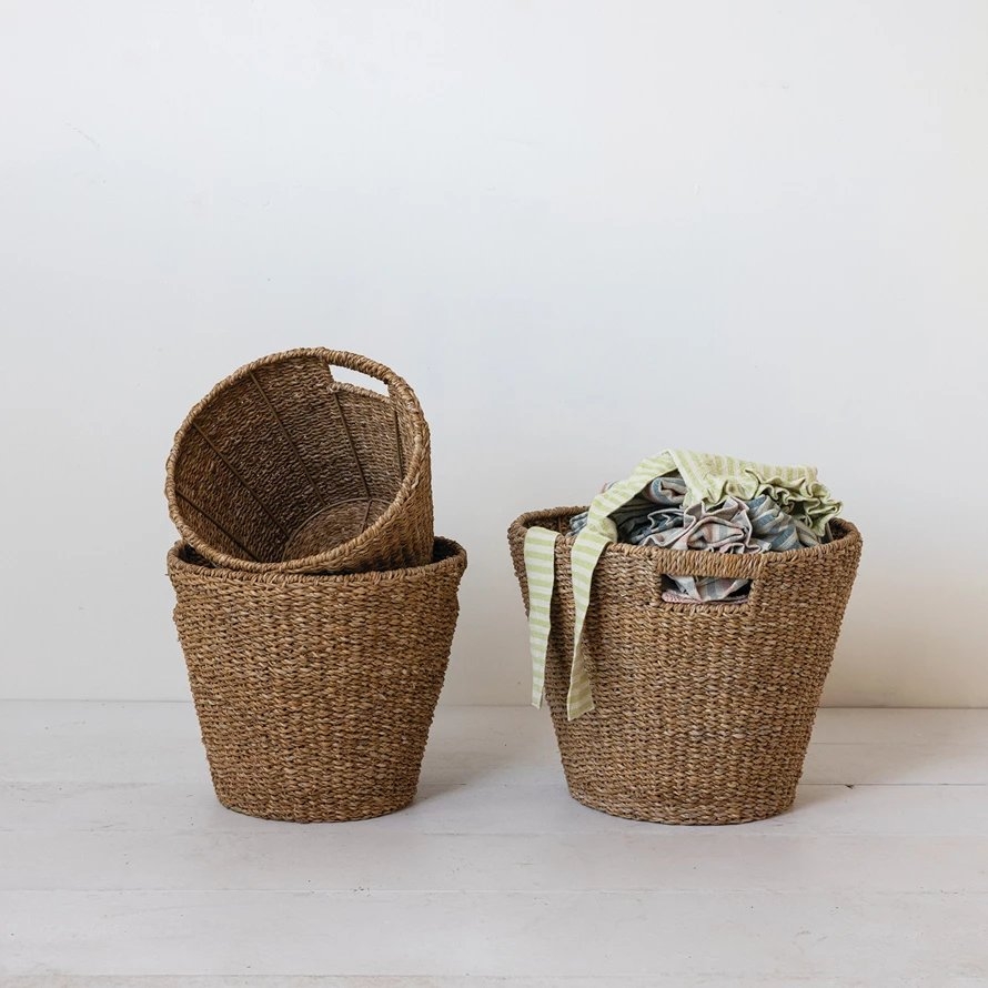 Hand-Woven Seagrass Baskets w/ Handles, Natural, Set of 3 - Image 0