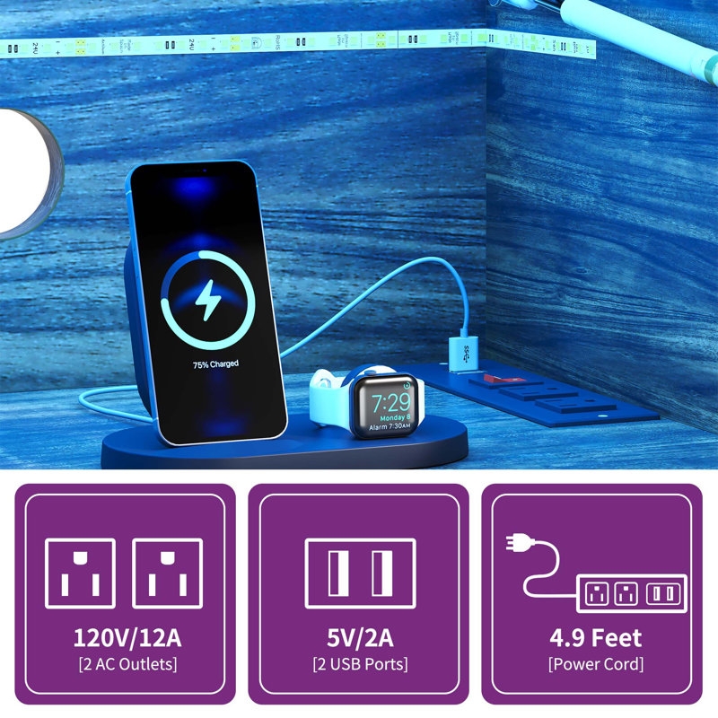 Midkiff Record Player Storage Cabinet Table Stand with Power Outlets & LED Light - Image 5