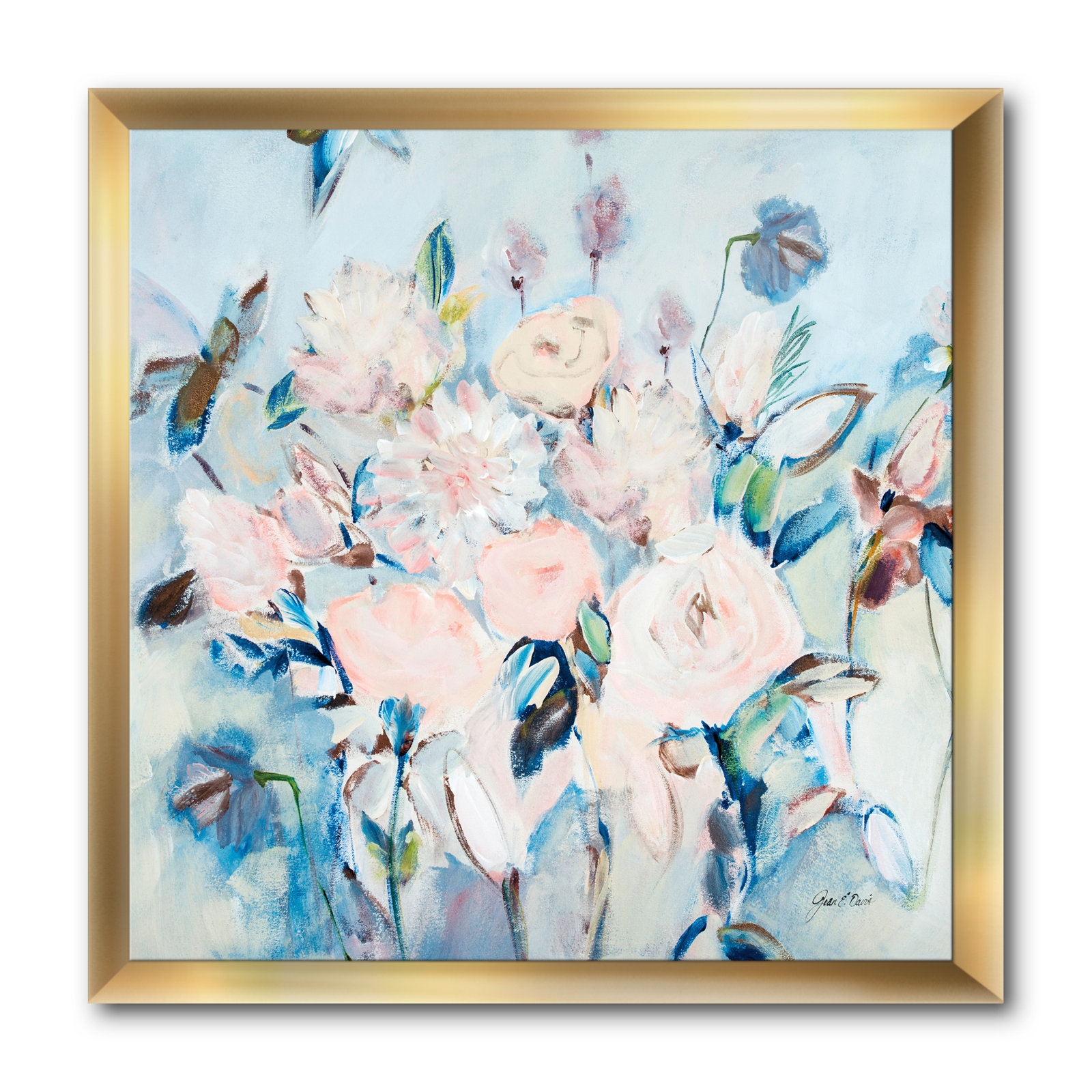 'Abstract Pink Flowers Farmhouse Waterpainting' - Picture Frame Print on Canvas - Image 1
