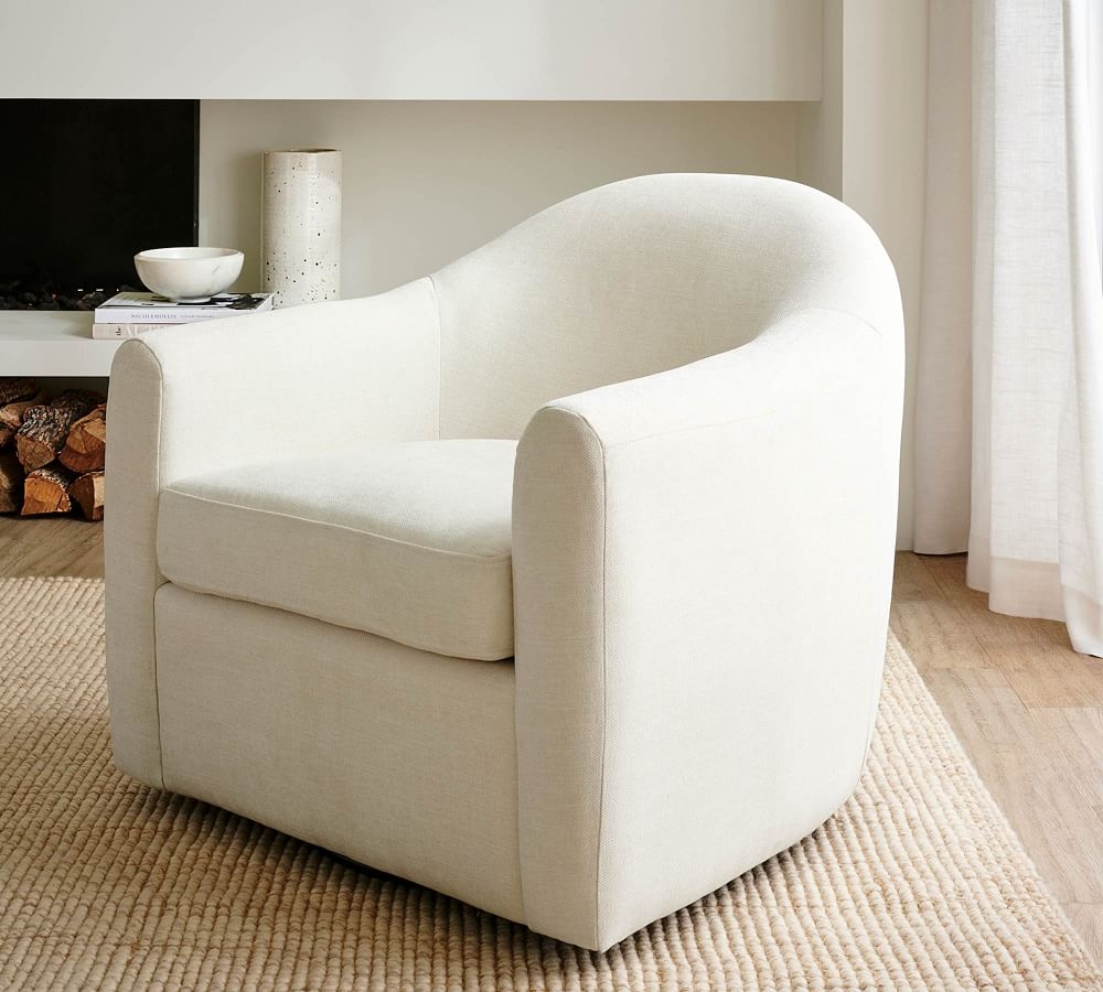 Gideon Upholstered Swivel Armchair, Polyester Wrapped Cushions, Performance Chateau Basketweave Ivory - Image 2