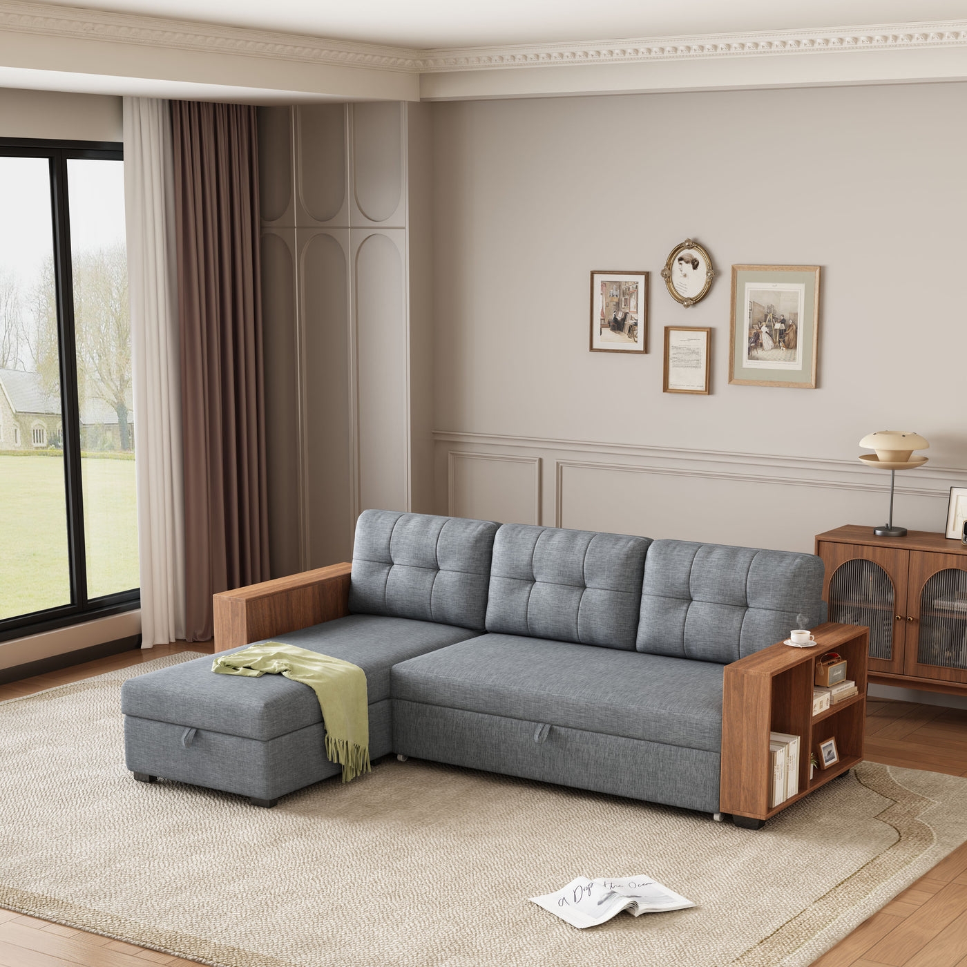 Contour & Co. | Linen Pull Out Sectional Sofa with Storage Chaise - Image 0