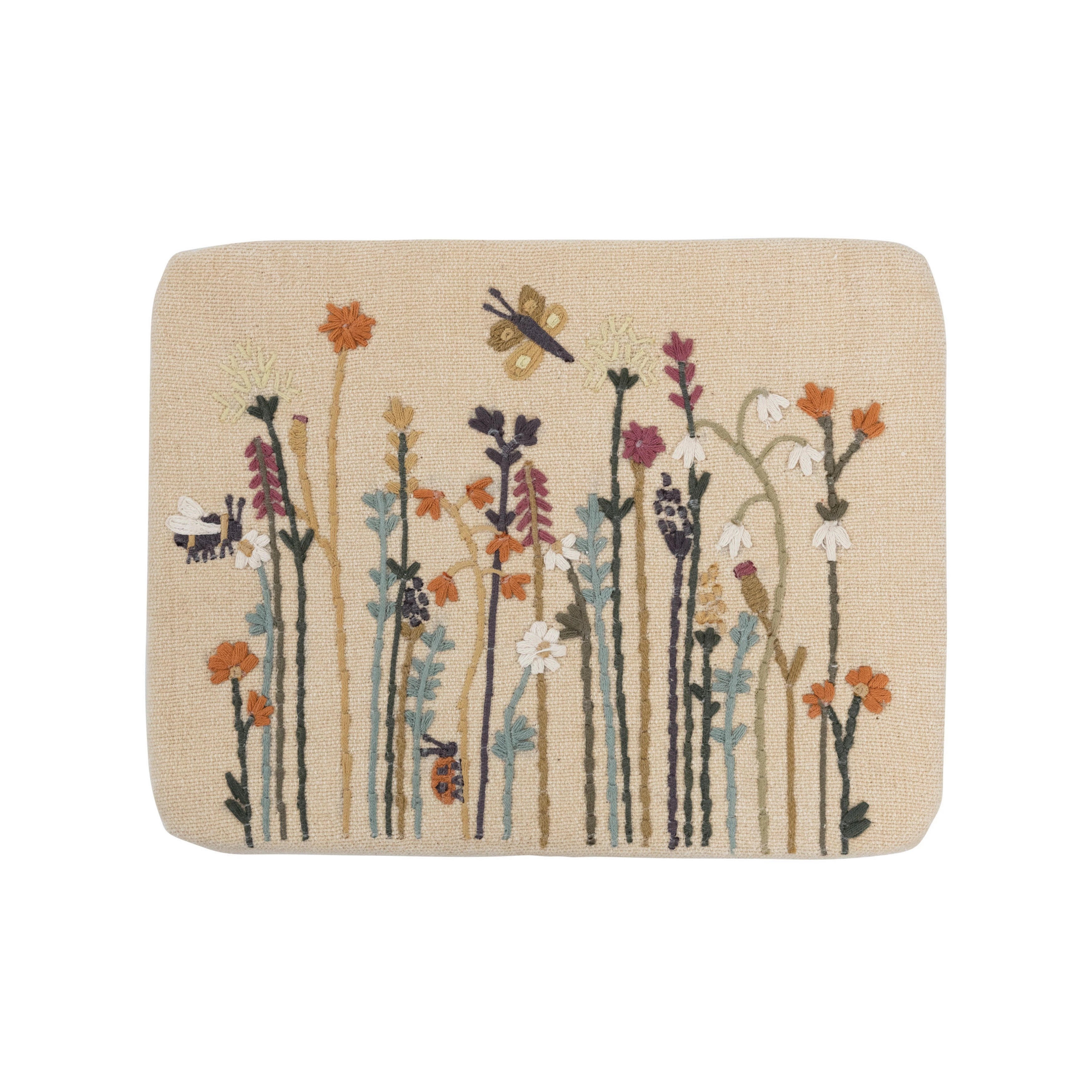 Cotton Upholstered Stool with Floral Embroidery and Pine Wood Legs, Natural - Image 2
