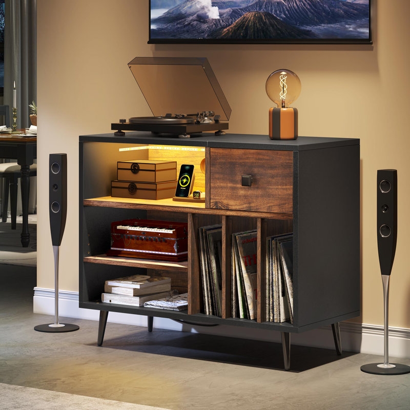 Midkiff Record Player Storage Cabinet Table Stand with Power Outlets & LED Light - Image 3