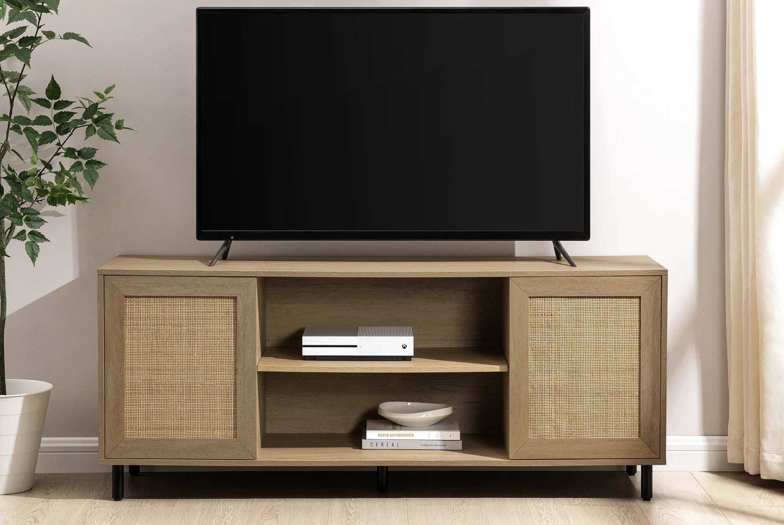 58" 2 Door Wood and Rattan TV Stand - Driftwood - Image 5