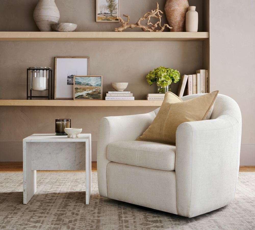 Gideon Upholstered Swivel Armchair, Polyester Wrapped Cushions, Performance Chateau Basketweave Ivory - Image 0