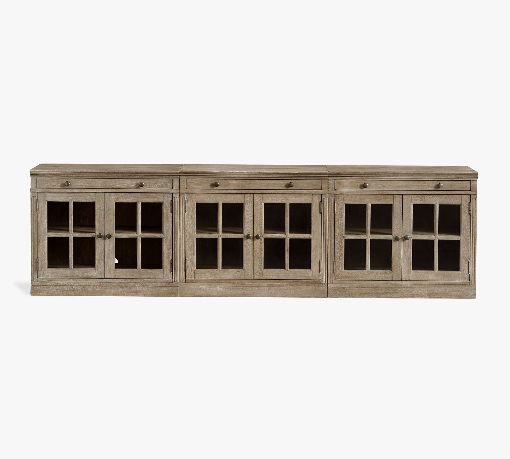 Livingston 105" Media Console with Glass Door Cabinets, Gray Wash - Image 0
