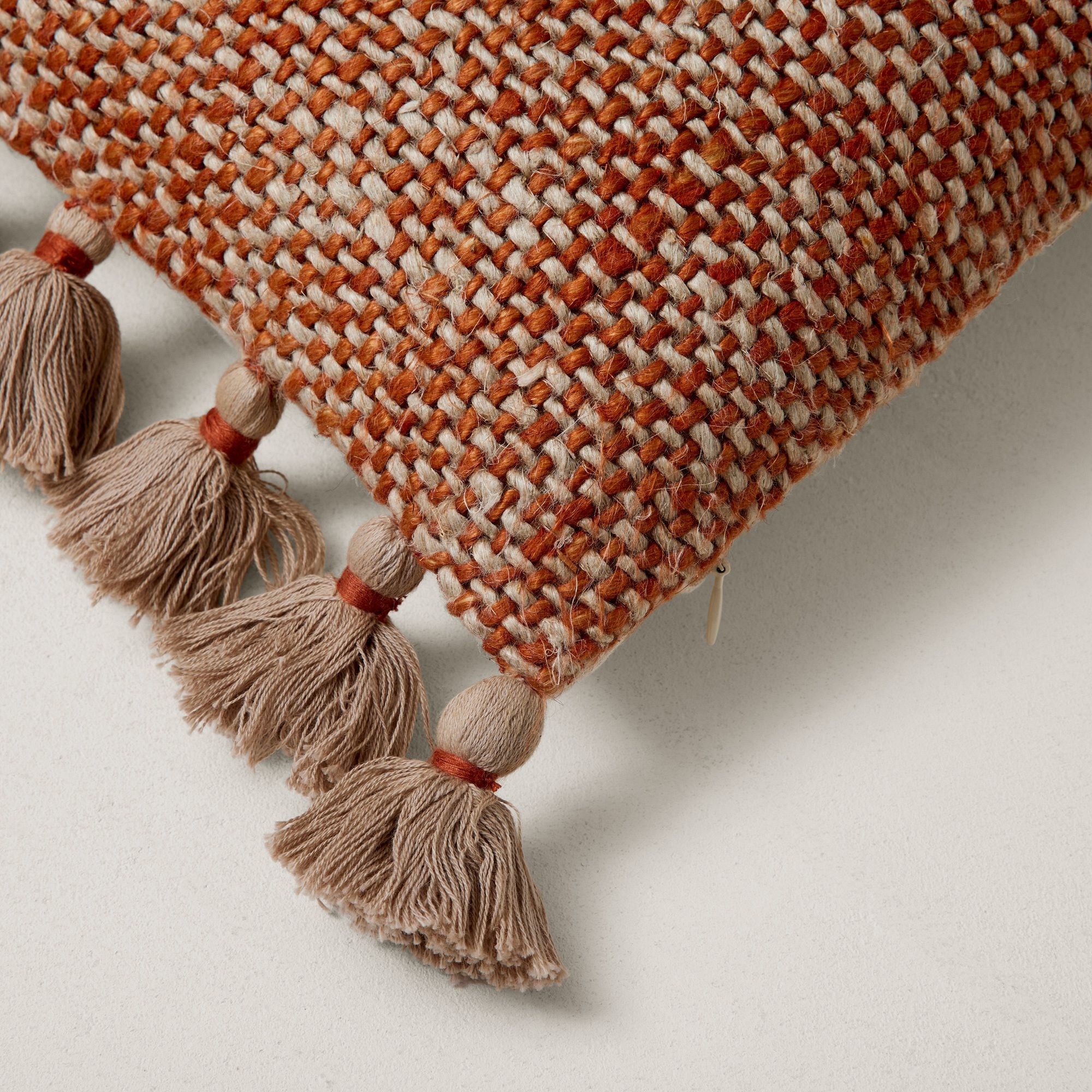 Two Tone Chunky Linen Tassels Pillow Cover, 12"x21", Copper - Image 1