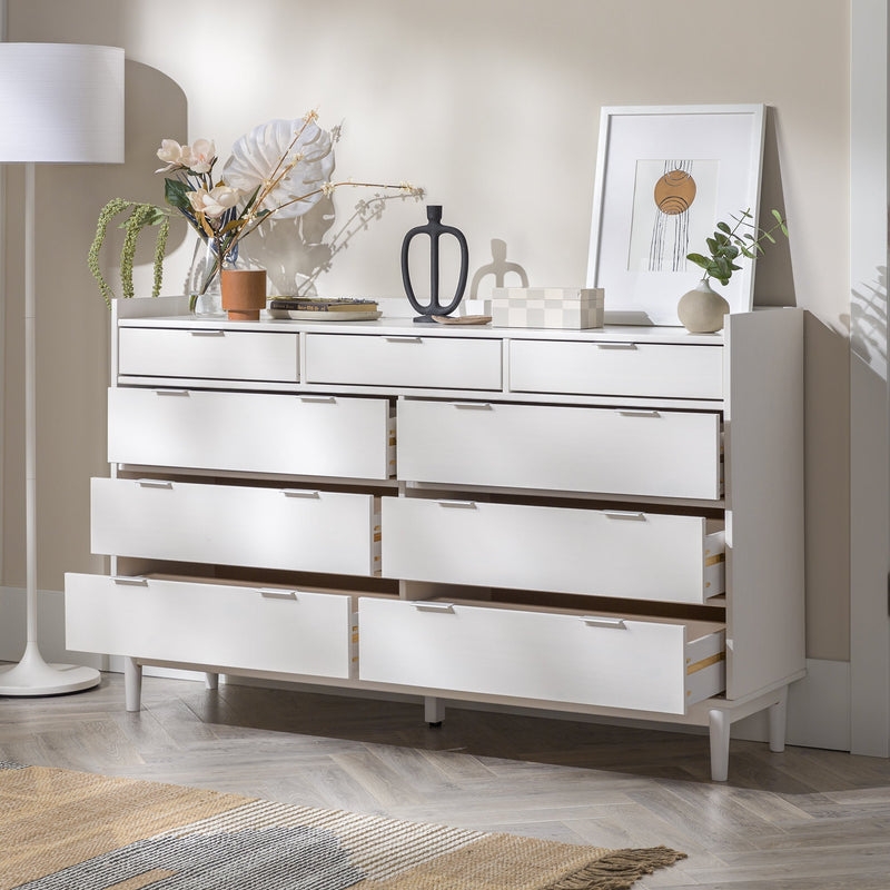 Mid-Century Modern Solid Wood 9-Drawer Dresser – White - Image 1