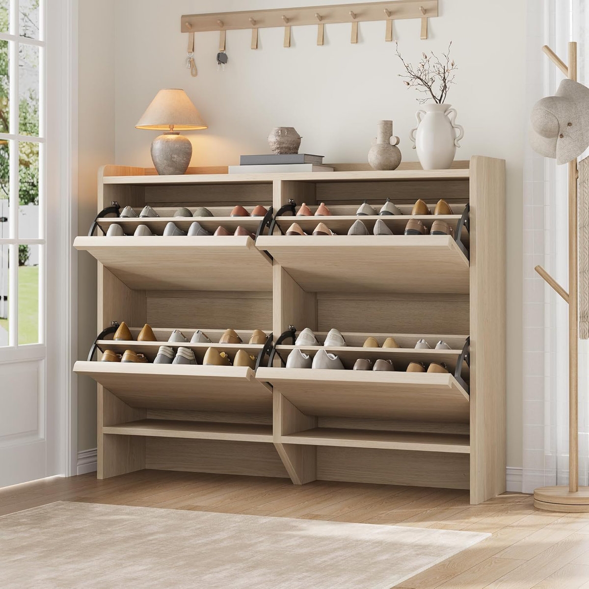 30 Pair Shoe Cabinet with 4 Flip Drawers, Wooden Shoe Organizer Cabinet with Adjustable Shelf, Shoe Storage for Entryway, Hidden Shoe Cabinet for Hallway - Image 1