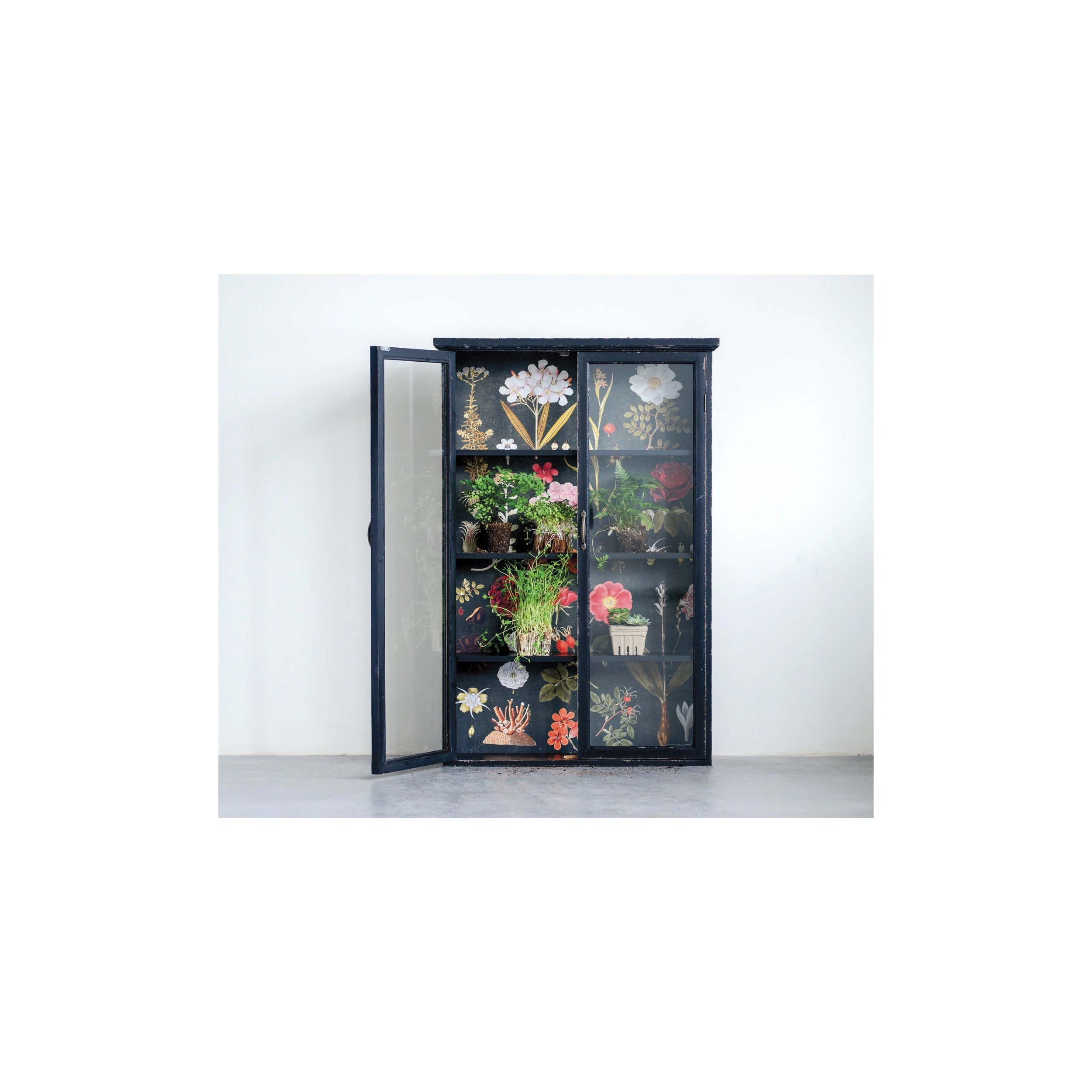 Black Wood Cabinet with Floral Papered Back - Image 1