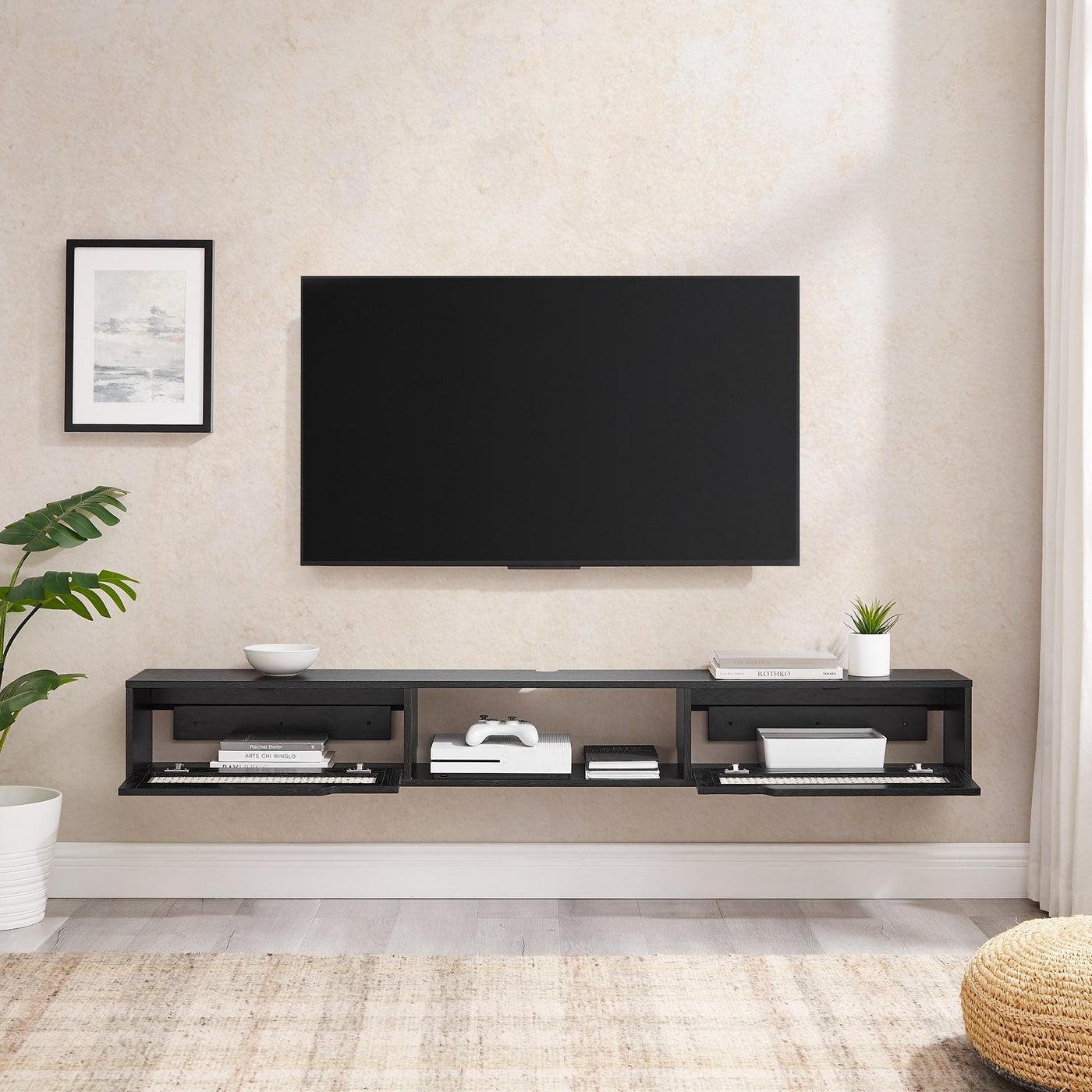 70" Floating TV Stand with Rattan Doors - Black - Image 2