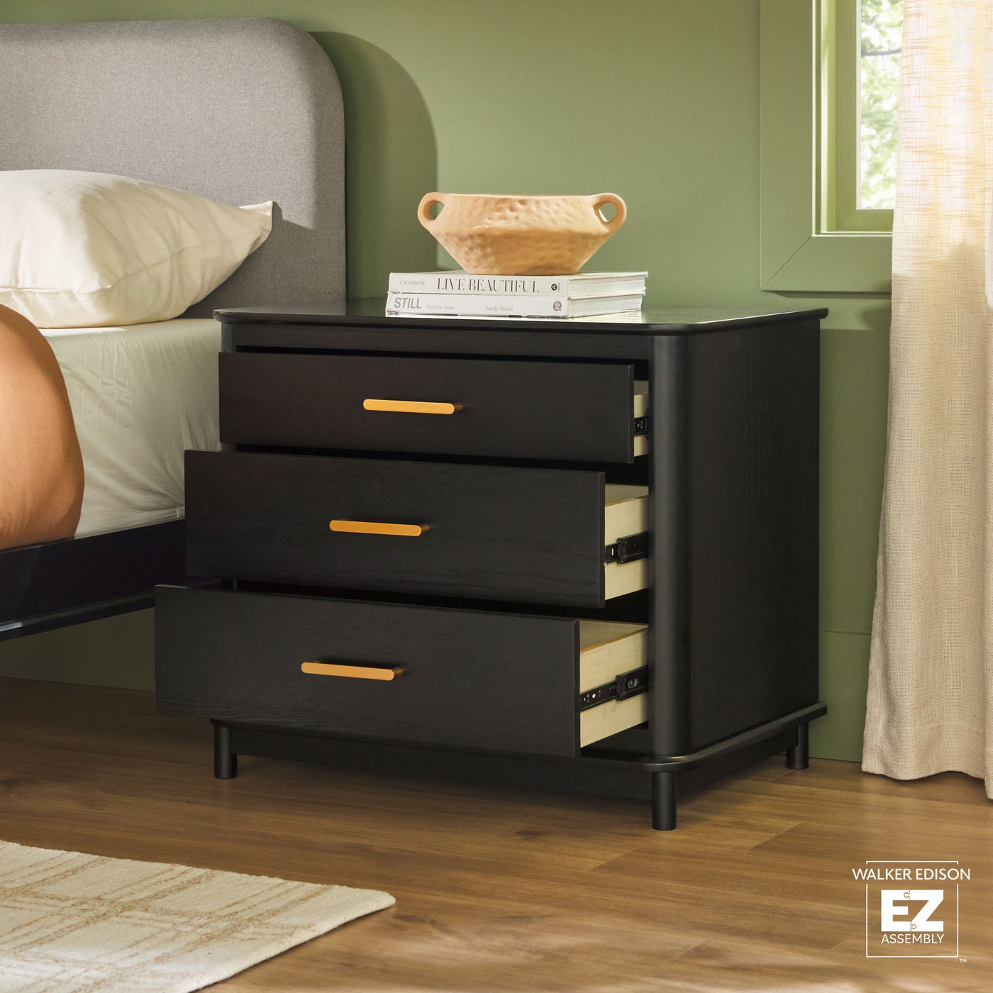 Contemporary Solid Wood 3-Drawer Nightstand with Ultra-Easy Drawer Assembly - Black - Image 2