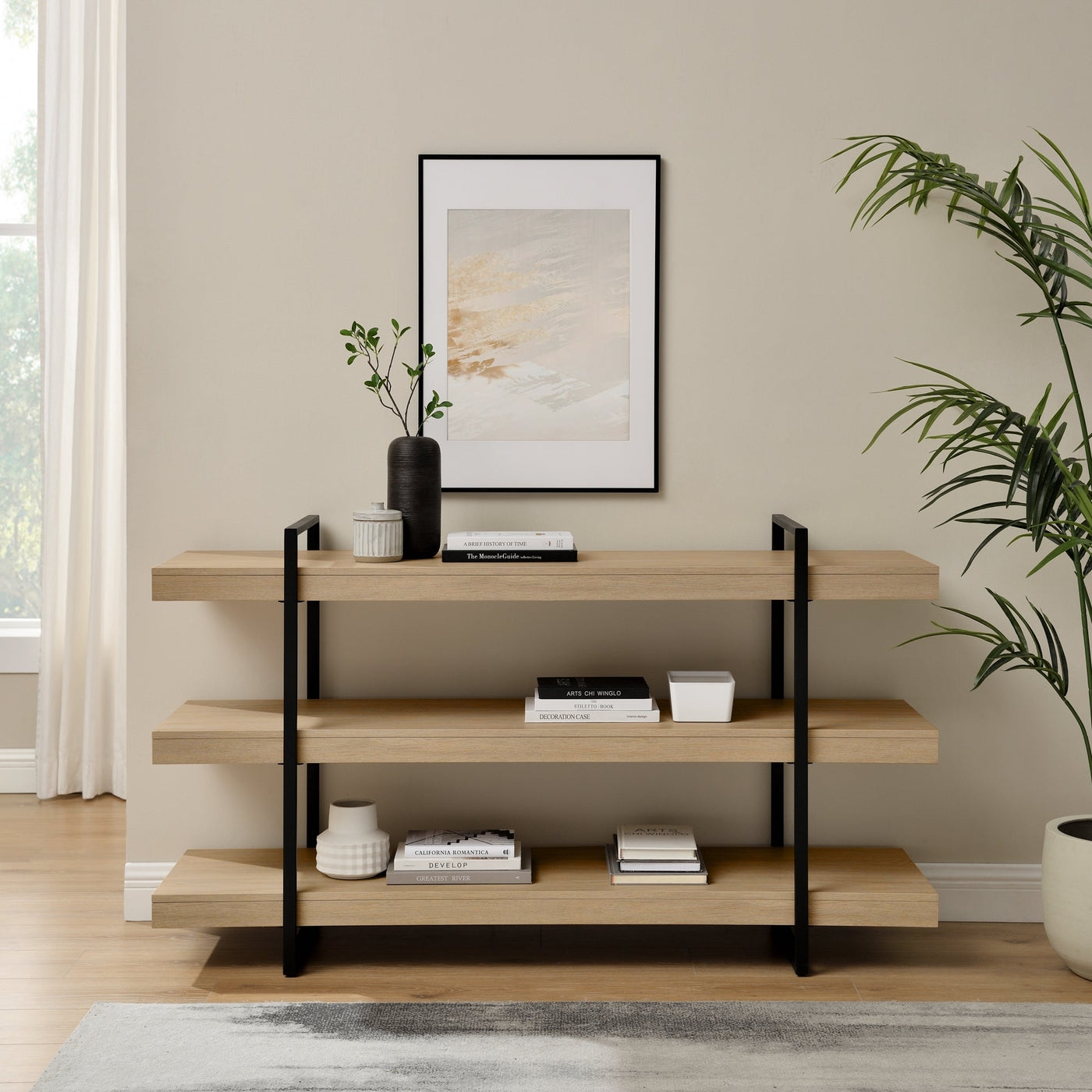 60" Modern Industrial Bookshelf - Coastal Oak/ Black - Image 1