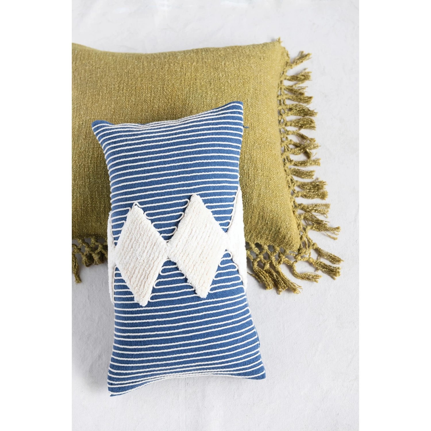 Cotton Tufted Lumbar Pillow with Embroidered Rope Stripes - Image 1