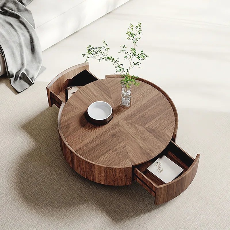 Kemberton Walnut Round Coffee Table with Storage Drawers Black Base - Image 3