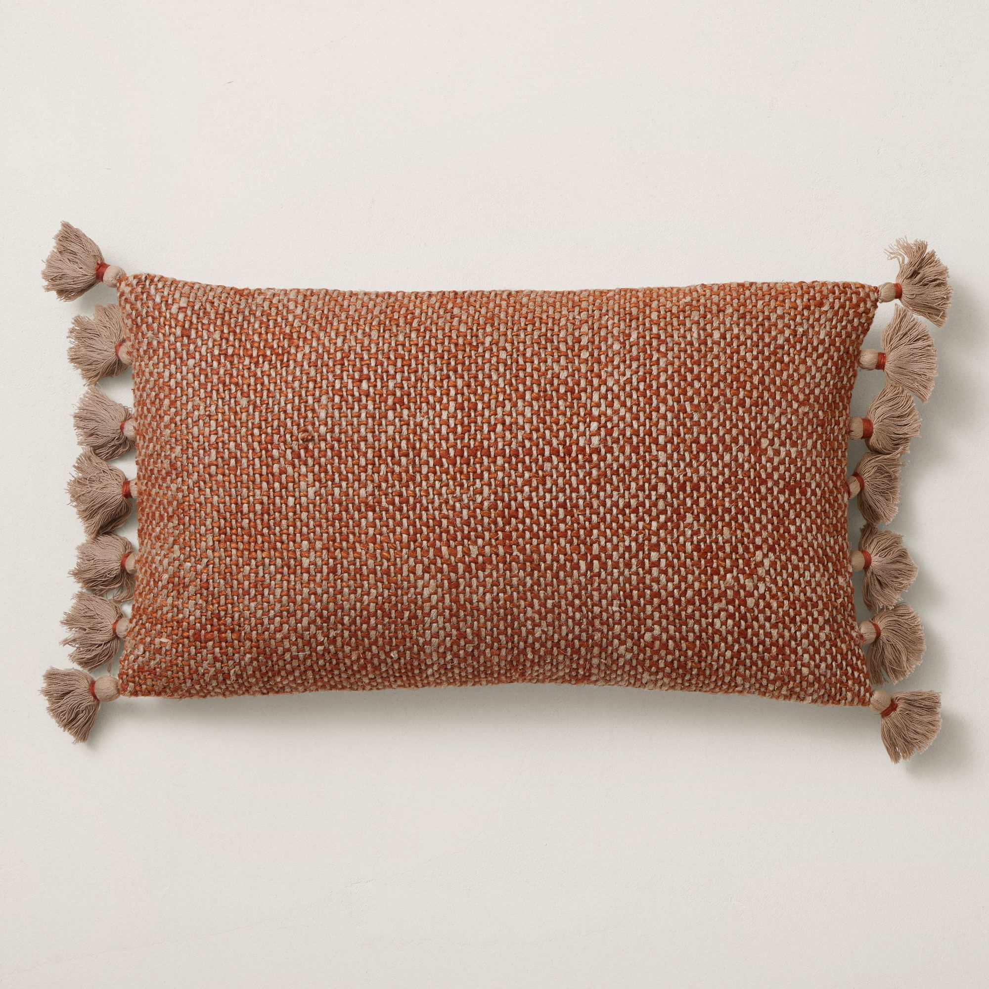 Two Tone Chunky Linen Tassels Pillow Cover, 12"x21", Copper - Image 0